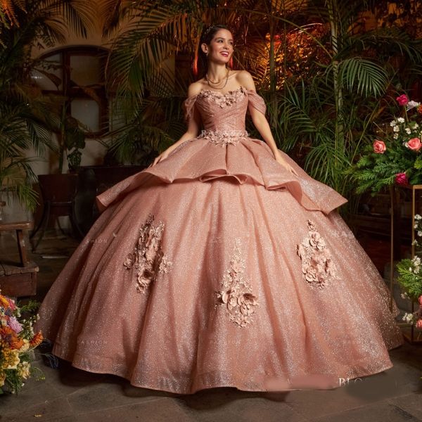 Rosa oro lucido innamorato dolce 16 abiti quinceanera abiti 3d applique abiti corsetto vestidos de 15 anos masquerade xv