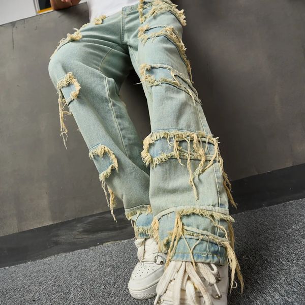 Männer stilvoller Retro Ripped Patch Casual Lose Jeans Hosen Streetwear Männlich männlicher gerader Jeanshose 240420