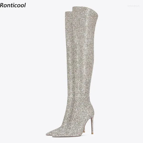 Botas rontool feitas artesanais no inverno sobre o joelho glitter sexy saltos estiletos de ponta de ouro