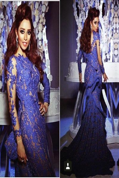 Royal Blue Lace Kleider Abend Kleidung maßgeschneiderte drapierte Rüschen Meerjungfrau Abendkleider Ärmel Myriam Tarife Promi formelle Kleid2994280