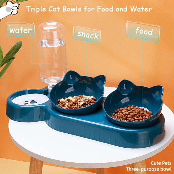 Поставки тройной кошачьи чаши для питомца, 2IN1 двойные чаши с автоматической бутылкой для питья, наклоненной и вращающейся конструкцией для кошек и собак