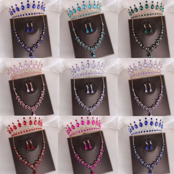 Halsketten Diezi koreanische elegante Rhinsetonkrone für Frauen Hochzeit Barock Brautblau Rotkristall Tiaras Halskette Ohrringe Juweliersets