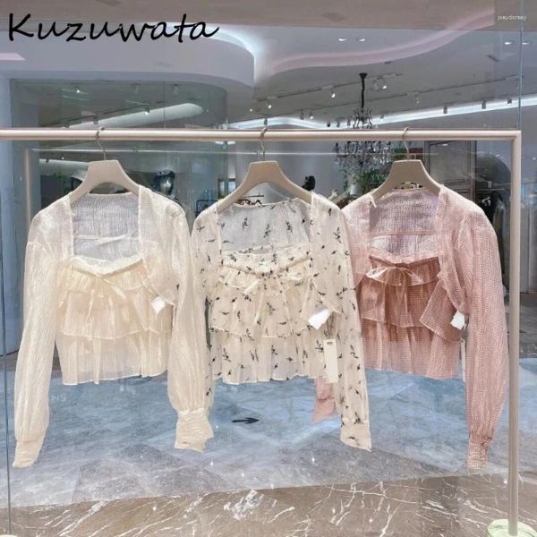 Camicette da donna kuzuwata manica chiffon set camicia casual rouffles collare quadrati in pizzo su filo giappone giappone