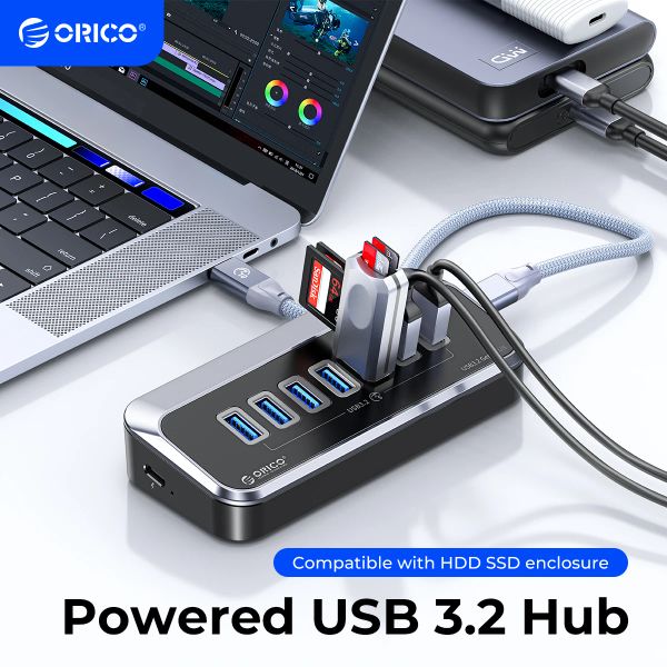 Hubs orico ABS с питанием 5 Гбит / с Hub PD18W Зарядка USB 3.2 Тип C Hub Card Spliter с адаптером питания для настольных аксессуаров для ПК