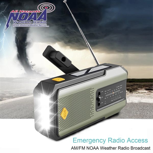 Radio Emergency NOAA Meteo Radio, manovella portatile a mano, a energia solare, AM/FM, allarme SOS, torcia 2000 mAh Power Bank ricaricabile