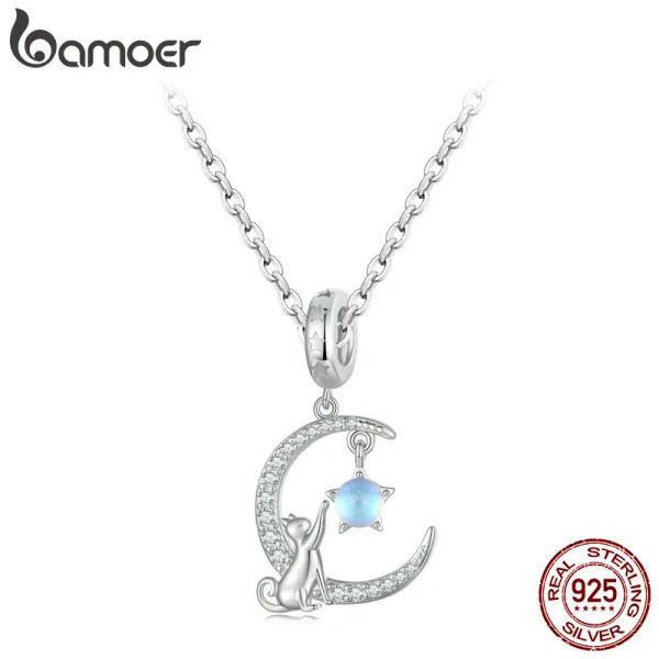 Ожерелья Bamoer 925 Серебряная серебряная луна кошачья подвесная ожерелье Голубо