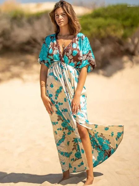 Платья для вечеринок 2024 Bohemian Printed Lake Summer Dress Kimono Green Tounic Женщины пляжная одежда сексуальная глубокая V-образная спереди Open Maxi Q1201