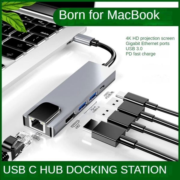 Hubs Typ -C -Hub -Hub -Dockingstation zum RJ45 -Adapter mit 4K hdmicompatible Ethernet -LAN -Ladung für MacBook USB 3.0 Typ -C -Hub -Hub -Adapter