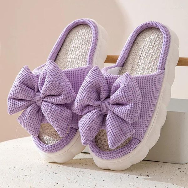 Slippers 2024 Autumn Bowknot para mulheres Kawaii Light Light Damas Flip Sapatos Mulher Sandálias de linho plano espesso