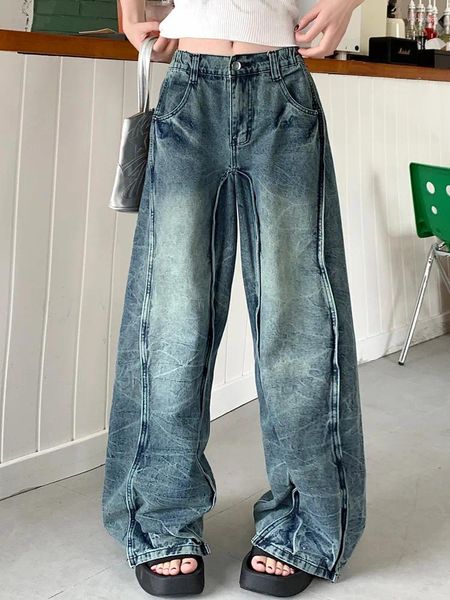 Frauen Jeans Trashy Y2K 2000er Patchwork Baggy Stapelte Hosen für Frauen Kleidung Vintage Blue Wide Lady Hosen Ropa Mujer