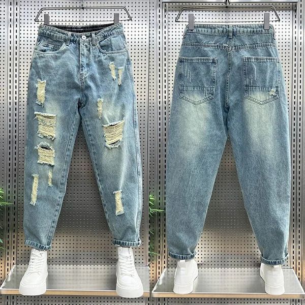Foufurieux rasgou roupas de jeans de jeans soltos jeans altos jeans machos calças de jeans de tamanho grande Jean Troushers harajuku 240420