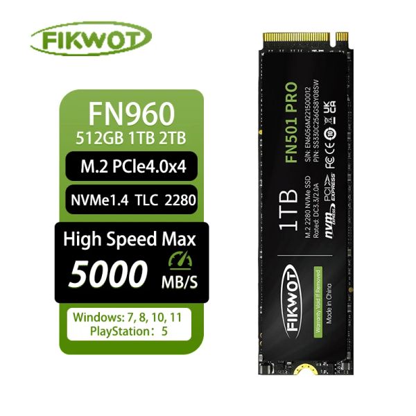 FIKWOT 5000MB/S M.2 SSD 512GB 1TB 2TB mit Heatkolben -PCIE4.0x4 NVME Hartscheibe interner Festkörper -State -Laufwerk für PS5 Desktop PC FN960