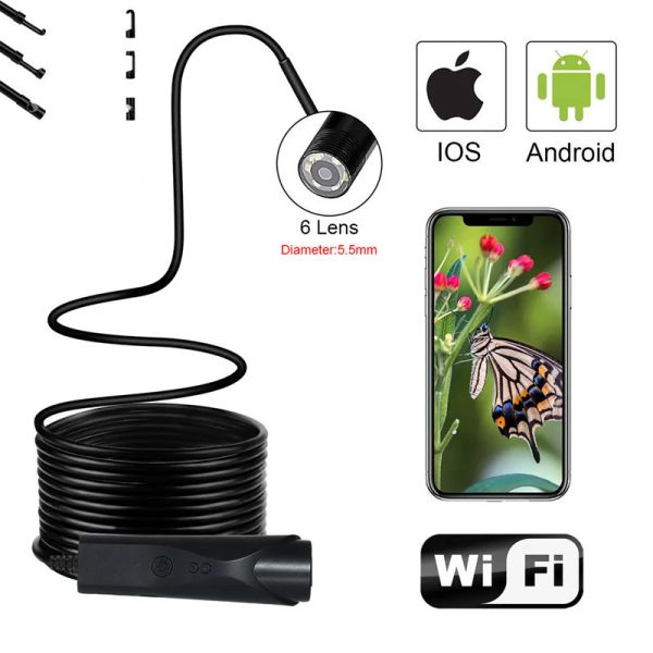 Камеры 5,5 мм 1080p HD Wi -Fi Endoscope Camera для автомобиля Xiaomi Samsung iPhone Android IOS IOS Borescope Snake Inspection с 6 регулируемыми светодиодами