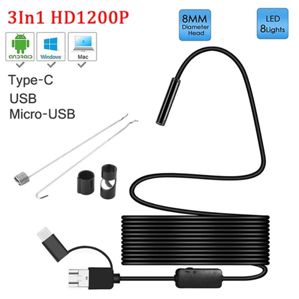 Câmera de câmeras de 8mm Endoscópio HD 1200p IP68 2M Hard Flexible Tube Mirco USB TypeC Borescope Video Inspeção para endoscópio Android