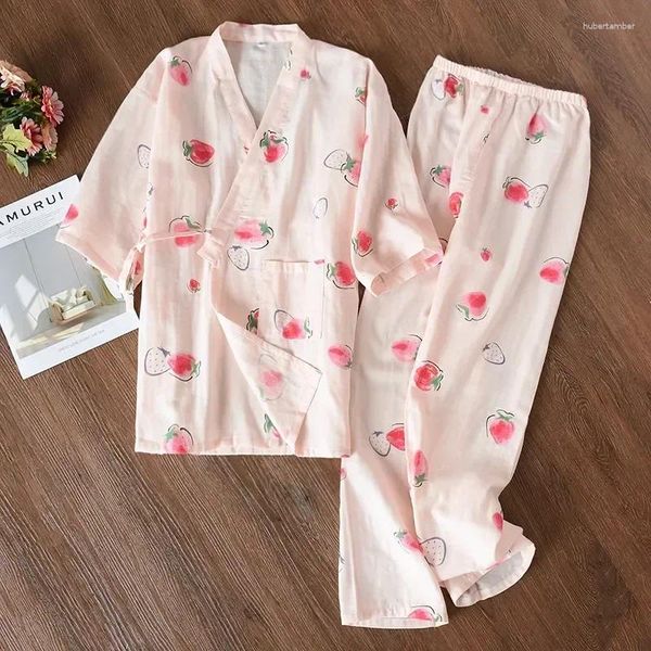 Pijama de gaze de gaze de roupas de dormir feminina para casa feminina impressão de algodão Conjunto de algodão PAJAMA LOUNGEWATH Roupos de verão Pijama de camada dupla de verão