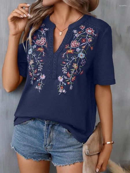 Frauenblusen 2024 Stickereien Frauen Hemden Sommer elegant Vintage V-Ausschnitt Blumen kurzärmel Casual Work Wear Tops