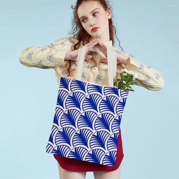 Sacchetti della spesa moda giapponese blu a quadri in tela a quadri borsetto a doppia stampa riutilizzabile patchwork geometrica sacchetto casual per donne