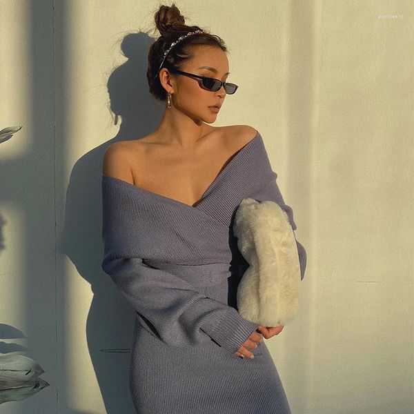 Vestidos casuais Instagram Kardashian sem costas Vestido de malha de decote em V