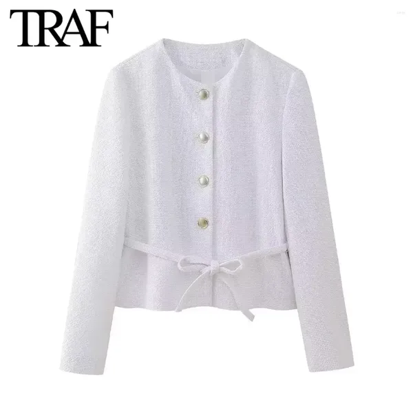 Abiti da donna Women Fashion Fashion Spring Long Sleeve O-Neck Ofte Tweed Giacca Tweed Giacca per trama da donna Chic Female Blazer White Wate Coat