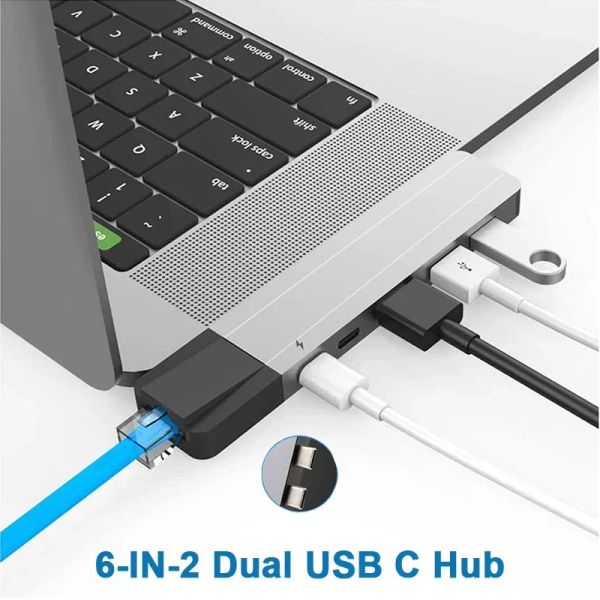 Hubs Dual USB C Adattatore hub Thunderbolt 3 dock con 4K HDMI Gigabit Ethernet RJ45 1000M TF/SD Reader 100W PD per MacBook Pro/Air M1