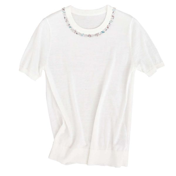 Summer gelo seda de seda curta Camiseta feminina de cor sólida feminina malhas de malha de unhas de unhas soltas e elegantes e elegantes top line
