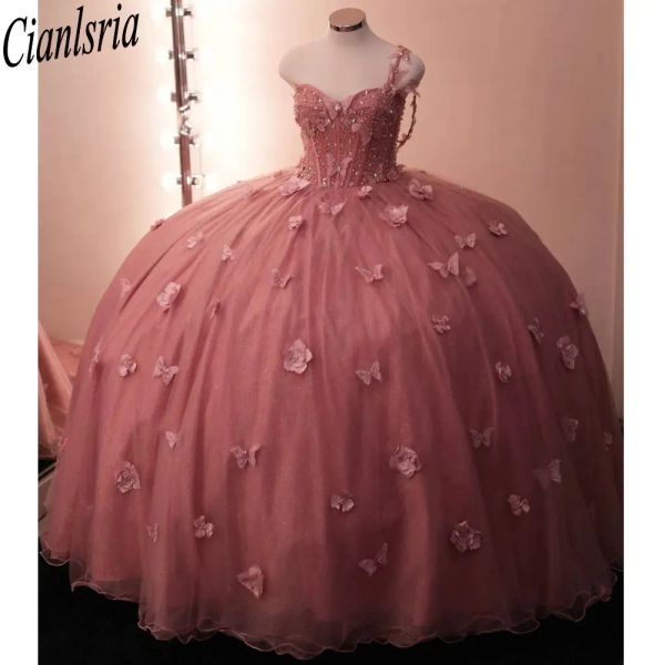 Perle di cristallo rosa perle perle abiti quinceanera abito a sfera una spalla 3d fiori 3d dolce 15 vestidos de xv anos