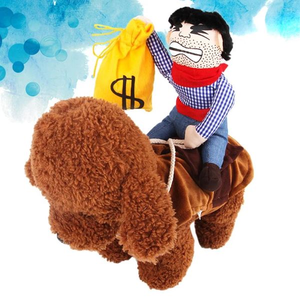 Vestuário de cachorro engraçado fantasia de animais de estimação cowboy rider com bolsa de dinheiro vestido up sela decoração recheada suprimentos de filhotes de filhotes