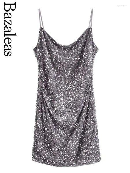 Lässige Kleider 2024 Bazaleas Store Silber Slip Paillette Paillette Dame Kleider ärmellose Ein Stück Rückenless Mini Offiziell