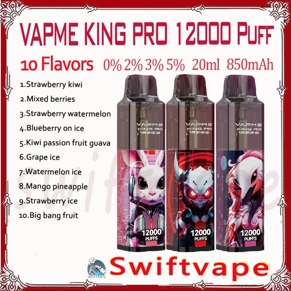 Otantik Vapme King Pro 12000 Puflar Tek Kullanımlık Vape 10 Lezzetler 20ml Önceden doldurulmuş Cihaz 850mAh Tip-C Şarj Edilebilir Pil 1.0 Örgü Bobin 12K E Sigara