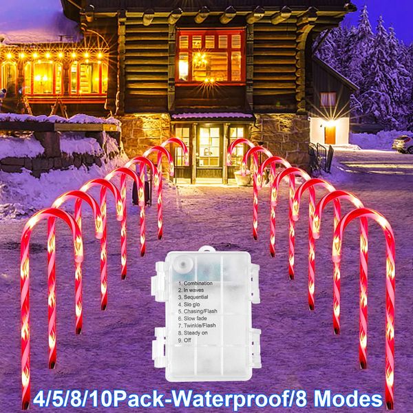 45810 LED Weihnachten Candy Cane Lights Batterie wasserdichte Außenweg Marker Stakes Saitenleuchte Garten Patio Party Dekor 240409