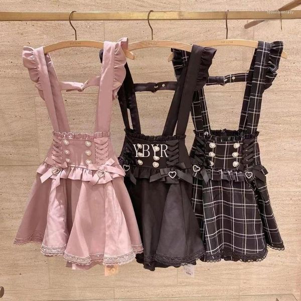 Röcke japanische gotische Gothic Lolita Ribbon Bow Diamond Perle Schnalle Abnehmbarer kurzer Hosenteil Rock Mädchen süße süße Spitze A-Line Mini