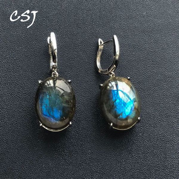 Brincos CSJ Genuíno Labradorita Azul Natural Brincho Sterling 925 Prata Pedido Oval13*18mm Para Mulheres Presente de Joias de Jóias de Festa de Aniversário