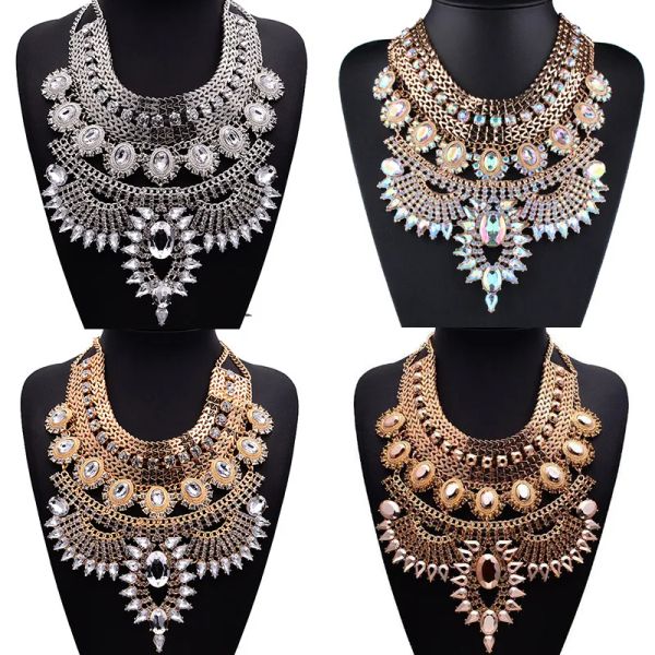 Colares boho étnico grande bib maxi gargantilha jóia feminina jóia indiana declaração vintage cristal strass de colar grande colar girl