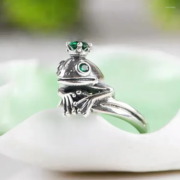 Clusterringe Mode silberfarbene Farbe Frosch Grün Zirkon Kronen Verstellbarer Fingerring für Männer Frauen Engagement Hochzeit Schmuck Schmuck