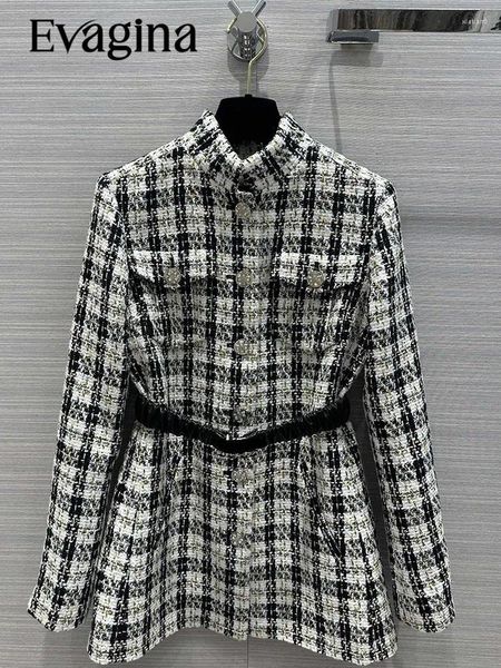 Damenjacken Evagina Runway Designer Herbst Vintage Plaid Plaid Print Jacke Langschläfe Single Breasted Taschen Schärpe gerade