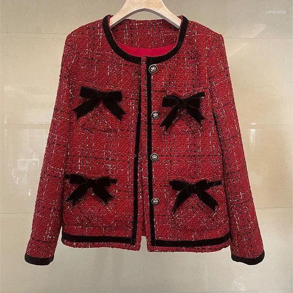 Kadın Ceketleri Zarif Yay Klasik Stil Hırka Ceket 2024 Sonbahar Kış Moda Ofisi Leydi Kalınlaştırılmış Kontrast Renk Tüvit Ceket