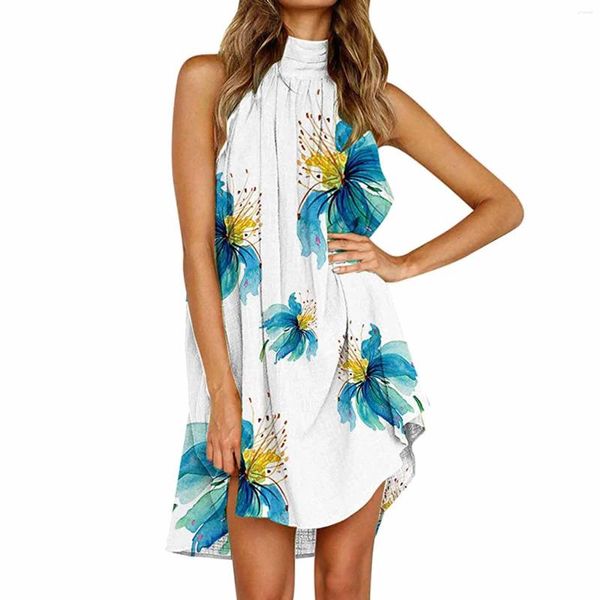 Lässige Kleider Sommer fließend weiße blumige Druck knielange unregelmäßige Partykleid sexy Neckholder Hals Sundegress Vestidos Femininos Fleete