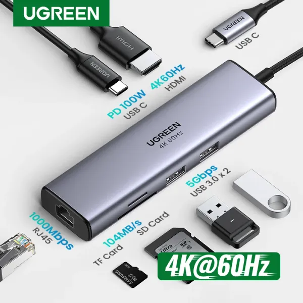 Hubs UGreen USB C Hub 4K 60 Hz Typ C bis HDMI 2.0 RJ45 PD 100W -Adapter für MacBook Air Pro iPad Pro M2 M1 PC -Zubehör USB 3.0 Hub