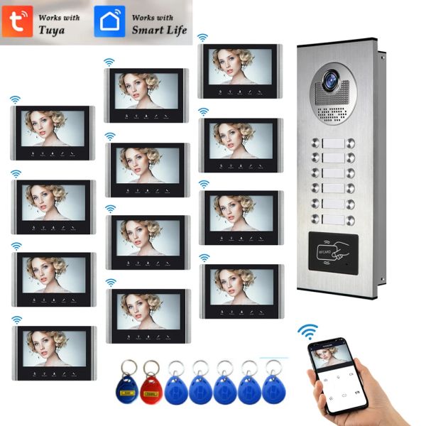 Controle intercomunicador de vídeo Wi -Fi de 7 polegadas para 2 ~ 12 apartamentos Sistema de controle de acesso à porta Tuya Smart App Remote Remote, ligue e monitor