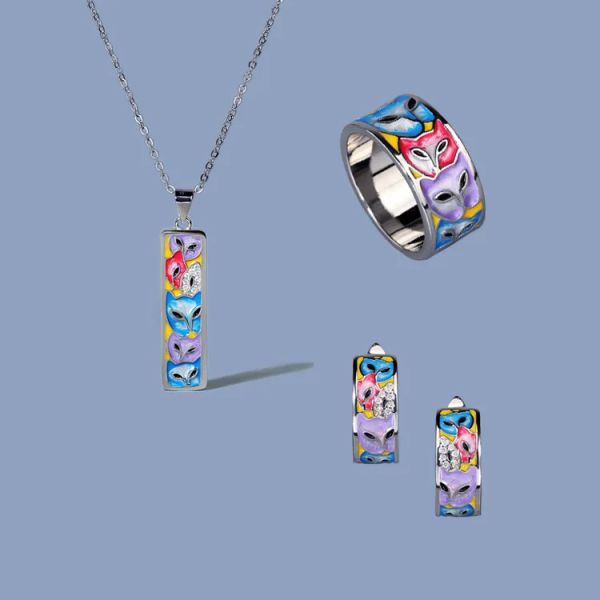 Kolyeler Zarif el yapımı Emaye Takı Kadın Takımı Moda Gradyan Renk Mücevher 3 Parça Set Yüzük Kolye Saplama Küpe