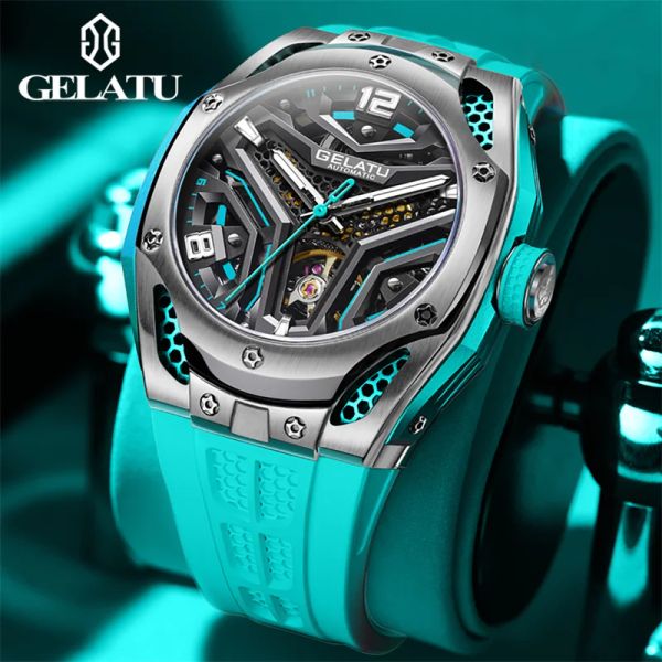 Kits Gelatu Watch Automatic Mechanical for Men 53mm Big Dial Wristwatch Skeleleton Tourbillon Design Man Homem à prova d'água RELOJ HOMBRE