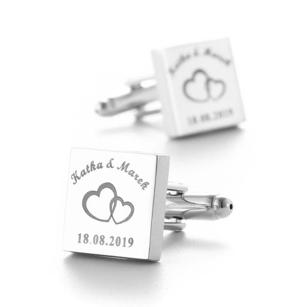 Links Gemelos Personizados Boda Name Manschettenknöpfe für Herren Sliver Square Custom Knöpfe Hochzeit Geschenke Bräutigam Lasergravavurer Logo Schmuck