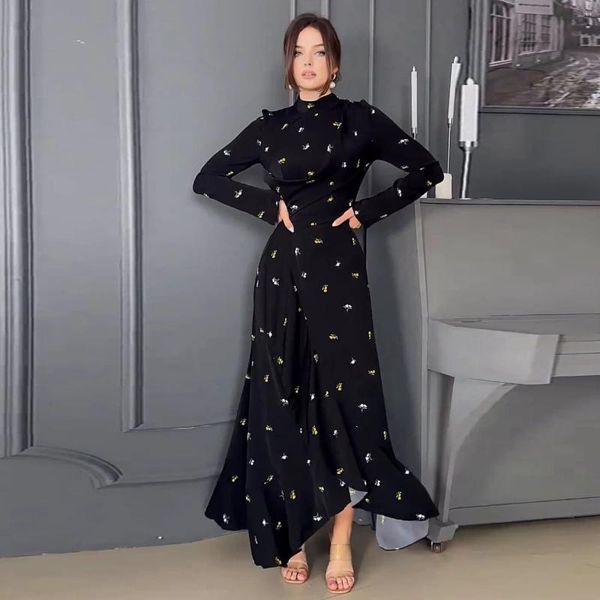 Abiti casual Dubai Arab Long Dress Women 2024 Autumn Fashion Style Slimt Fit Ruffle Stand Collar Abbigliamento