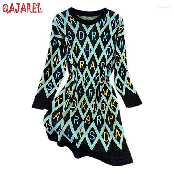 Lässige Kleider 2024 Print gestrickte Baumwolle Langarm Mini Kleid Herbst Winter Dicke warme Pullover Frauen Korean Vintage elegant