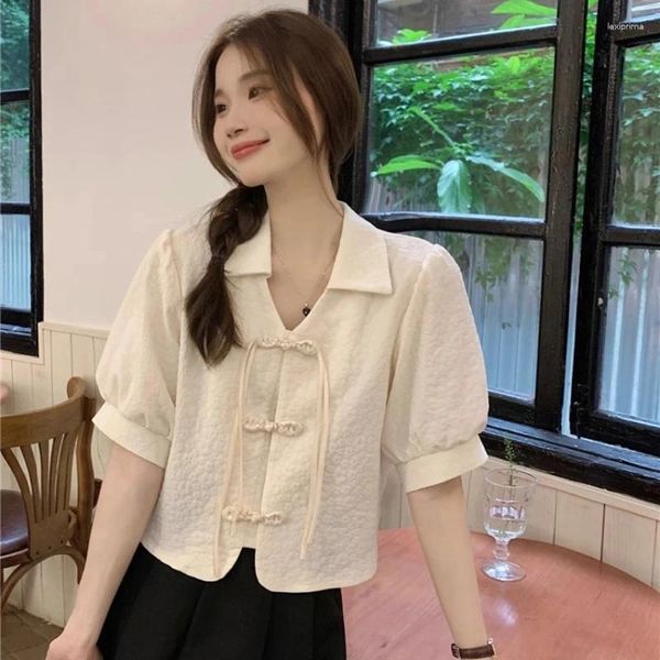 Blouses feminina Frenda Fashion Retro Button Botão pequena Manga de camisa pequena Design Top Design Summer Summer Branco de mangas curtas de mangas curtas