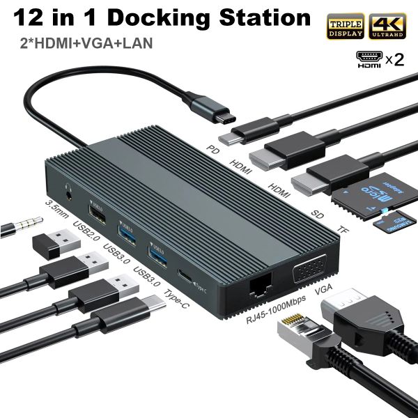 Estações 12 em 1 Monitor duplo TIP Hub Triple Display Docking Station com 2 HDMI VGA 4K Gigabit Ethernet TypeC PD SD/TF Adaptador de 3,5 mm