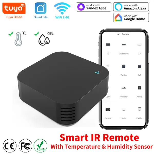 Controle Tuya Smart IR Remote Remote Control Remote Temperatura e umidade Sensor de umidade para o ar condicionado TV DVD AC funciona com Alexa, Google Home
