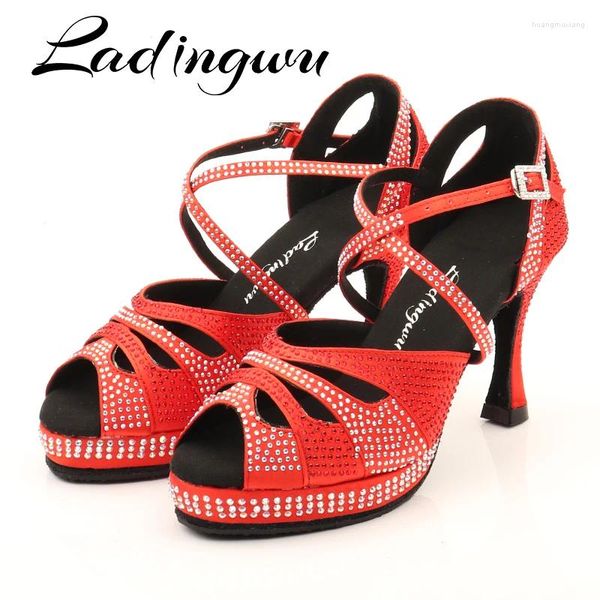 Scarpe da ballo latino ad alta piattaforma femminile glitter rini e donne sandali da ballo in raso rosso 6-10 cm tacco