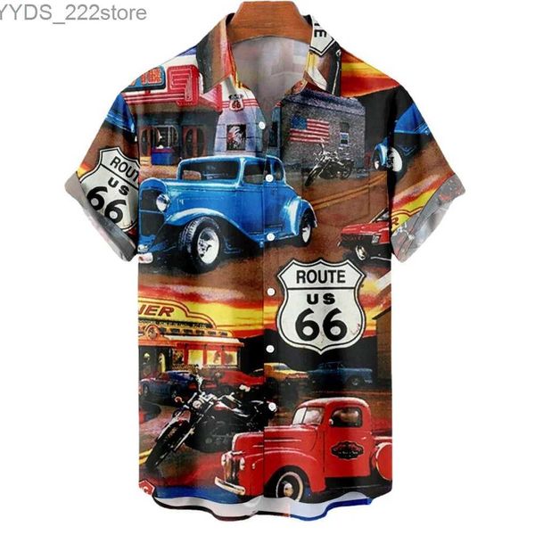 Camisas casuais masculinas Haian New Mens Camisa 66th Street Classic Classic 3D Impressão curta T-shirt Rock Lapeel Plus Tamanho masculino Rouno retrô de melhor grau YQ240422