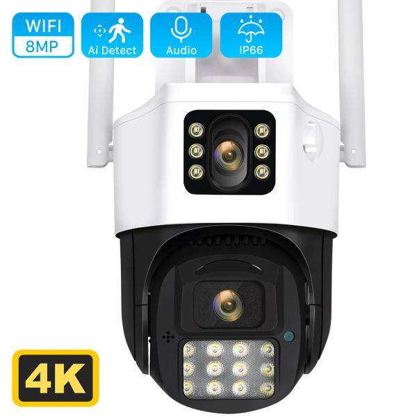 Telecamere 4K 8MP 4MP Dual Lens PTZ Camera IP WiFi con monitoraggio AI a doppio schermo AI Tracciamento automobilistico esterno CCTV Surveillance Camera ICSEE App